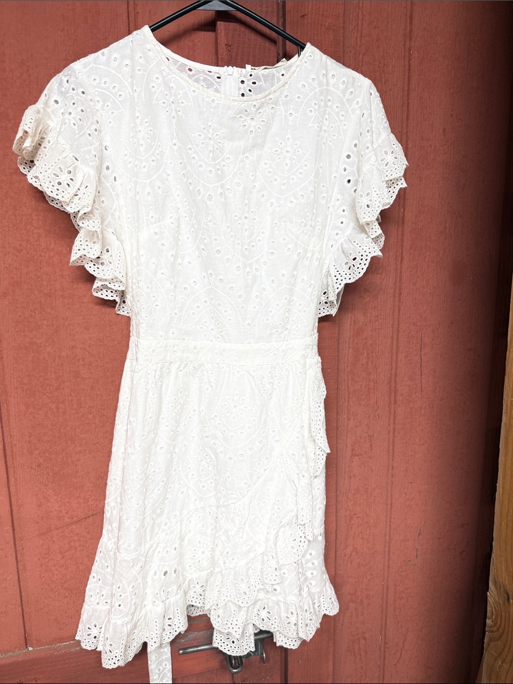 White Eyelet Lace Short Dress with Ruffle Sleeves